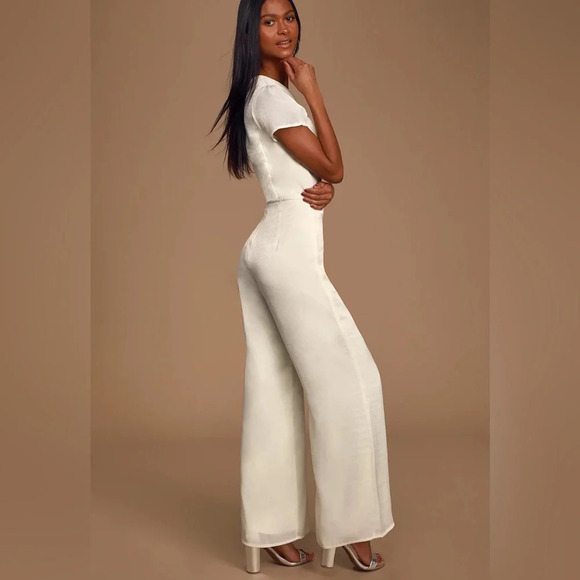 NWT Lulus Key Me Entertain You Ivory Satin Wide Leg Jumpsuit - Picture 3 of 14